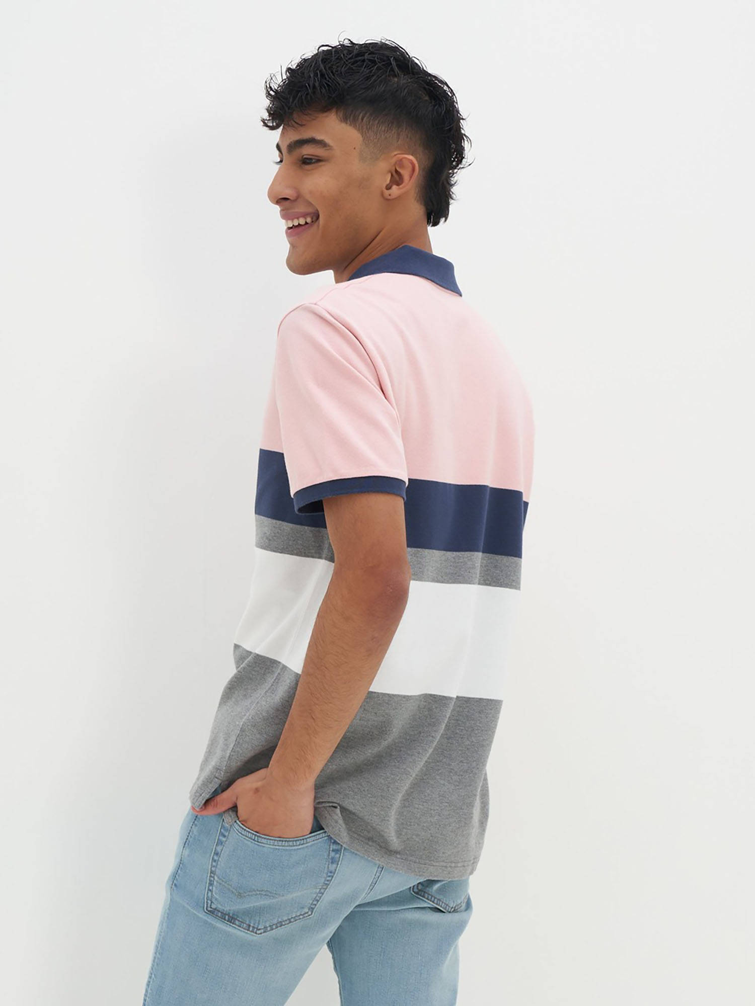 Buy American Eagle Pink Colorblock Regular Fit Polo T-Shirt Online