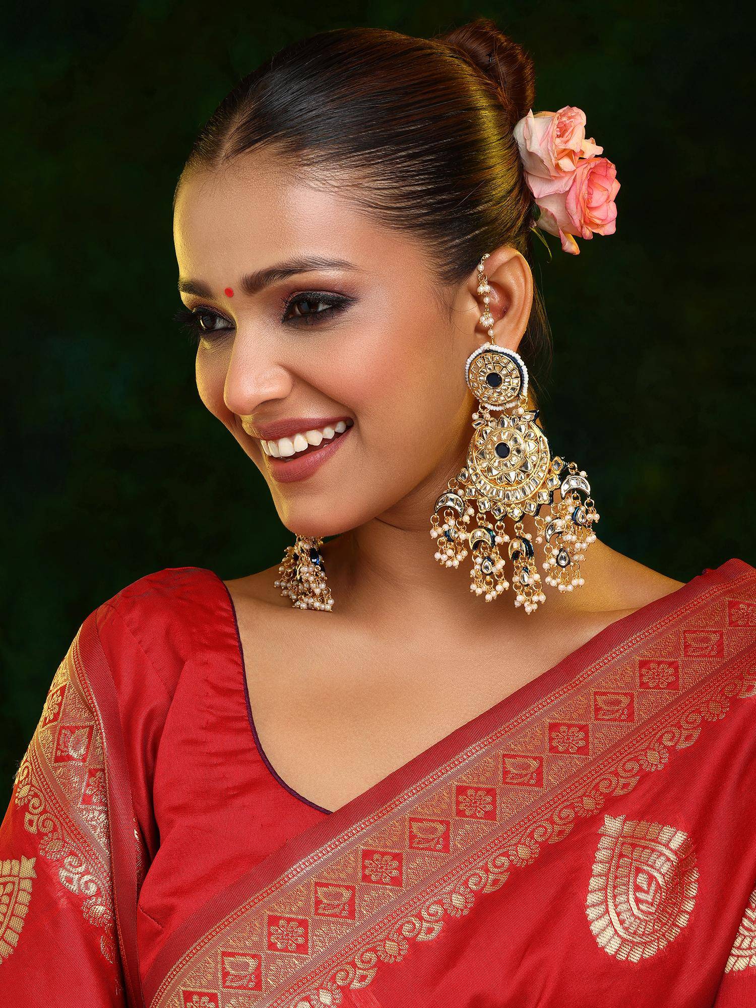 Ruby Raang Studio Navy Blue and White Kundan Attached Ear Chain Chandbali Earrings
