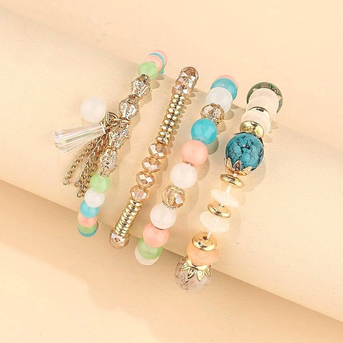 Yellow Chimes Gold Toned Stone Beaded Multilayered Pearl Charm Hanging Bracelet