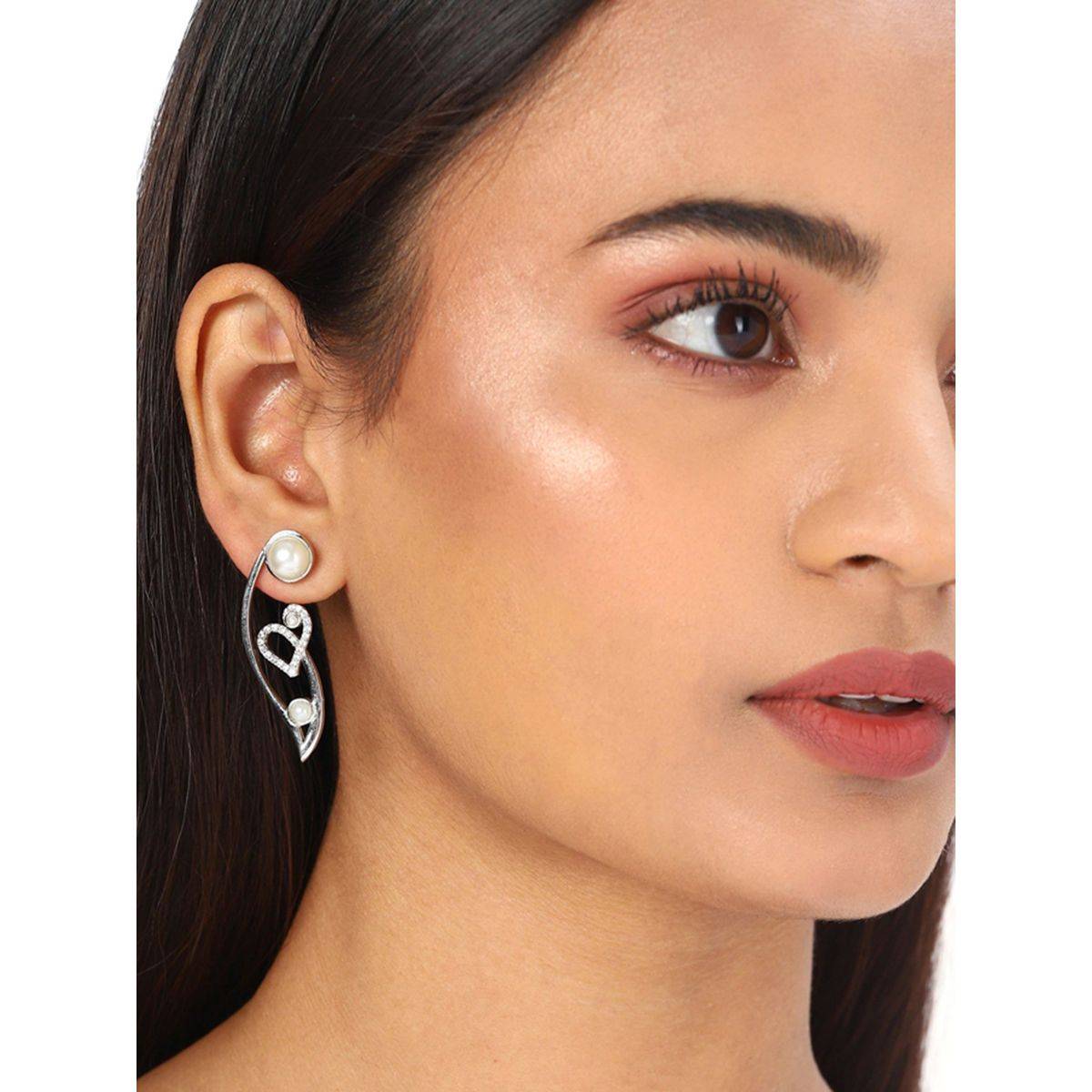 Voylla American Diamond CZ White Gold Plated Pearl Drop Earrings Beautiful Design