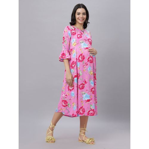Buy Pink Rayon Tie-up Neck Floral Printed Maternity/Feeding Short Dress  Online