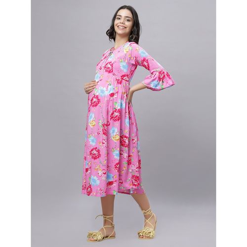 Buy Pink Rayon Tie-up Neck Floral Printed Maternity/Feeding Short