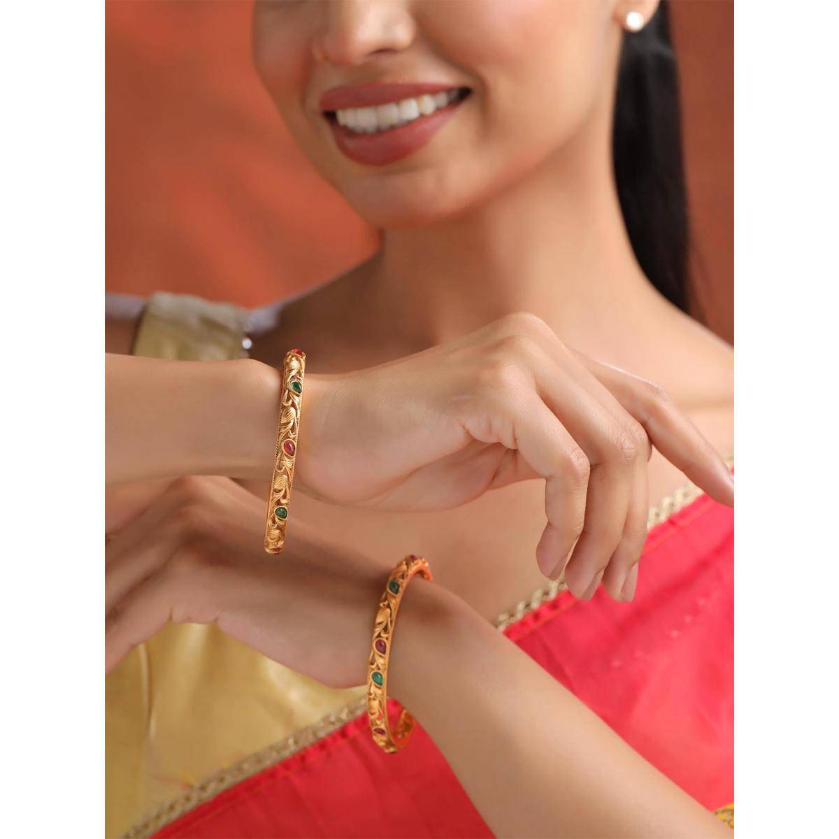 Yellow Chimes Womens Traditional Gold Plated Stone Studded Bangles (Pack of 2) (2.6)