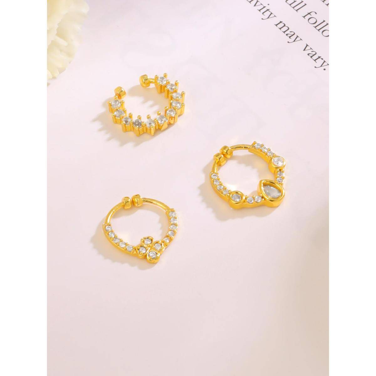 Yellow Chimes Womens Gold Plated Stone Studded Non Piercing Nose Pins (Pack of 3)