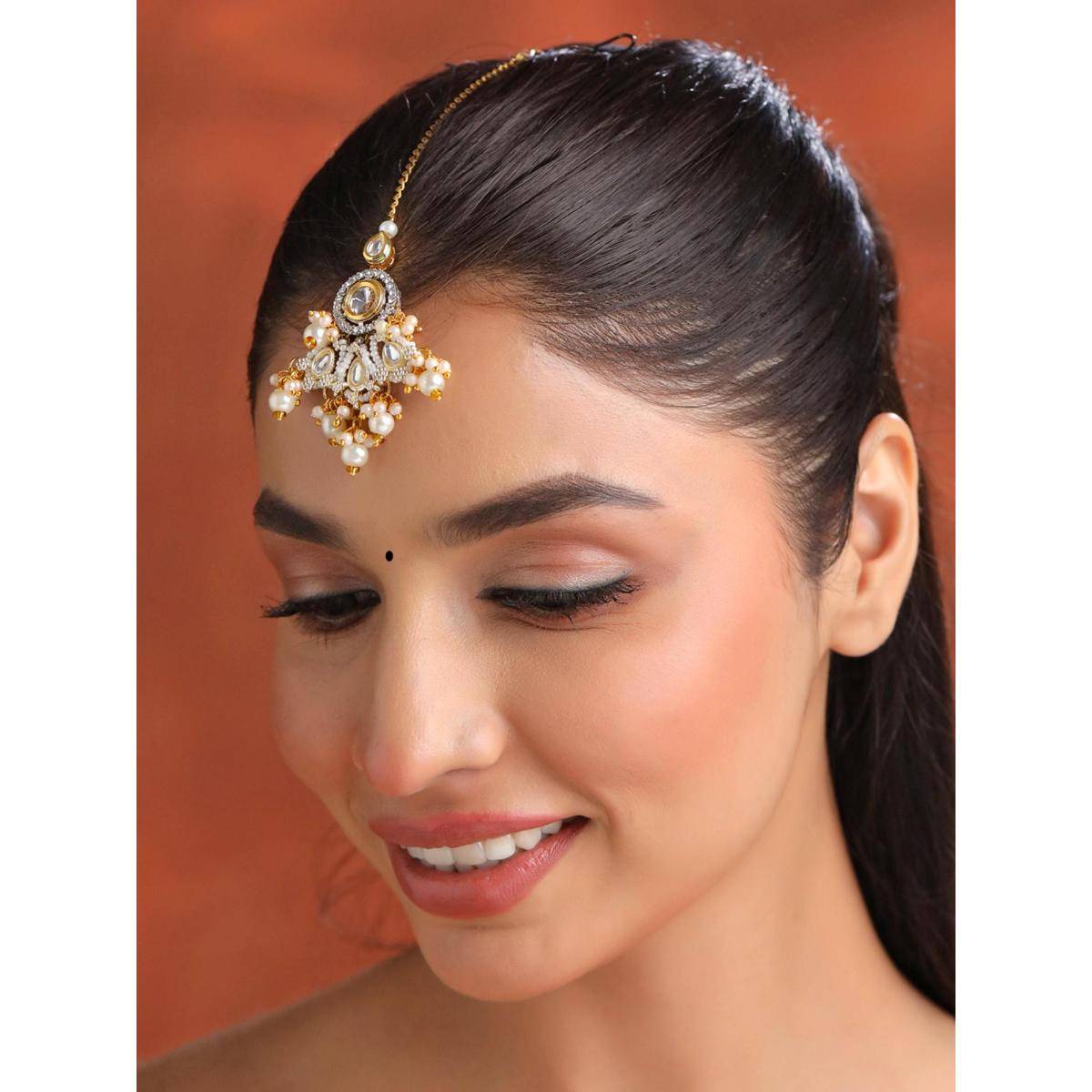 Yellow Chimes Womens Gold Plated Kundan Crystal Pearl Maang Tikka