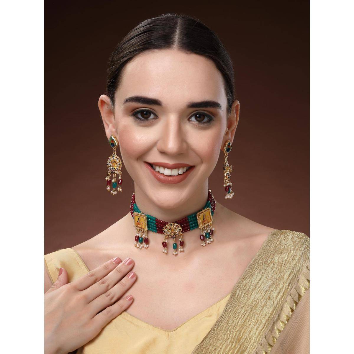 Estele Womens Traditional Designer Jewellery Pearls Choker and Earrings (Set of 2)