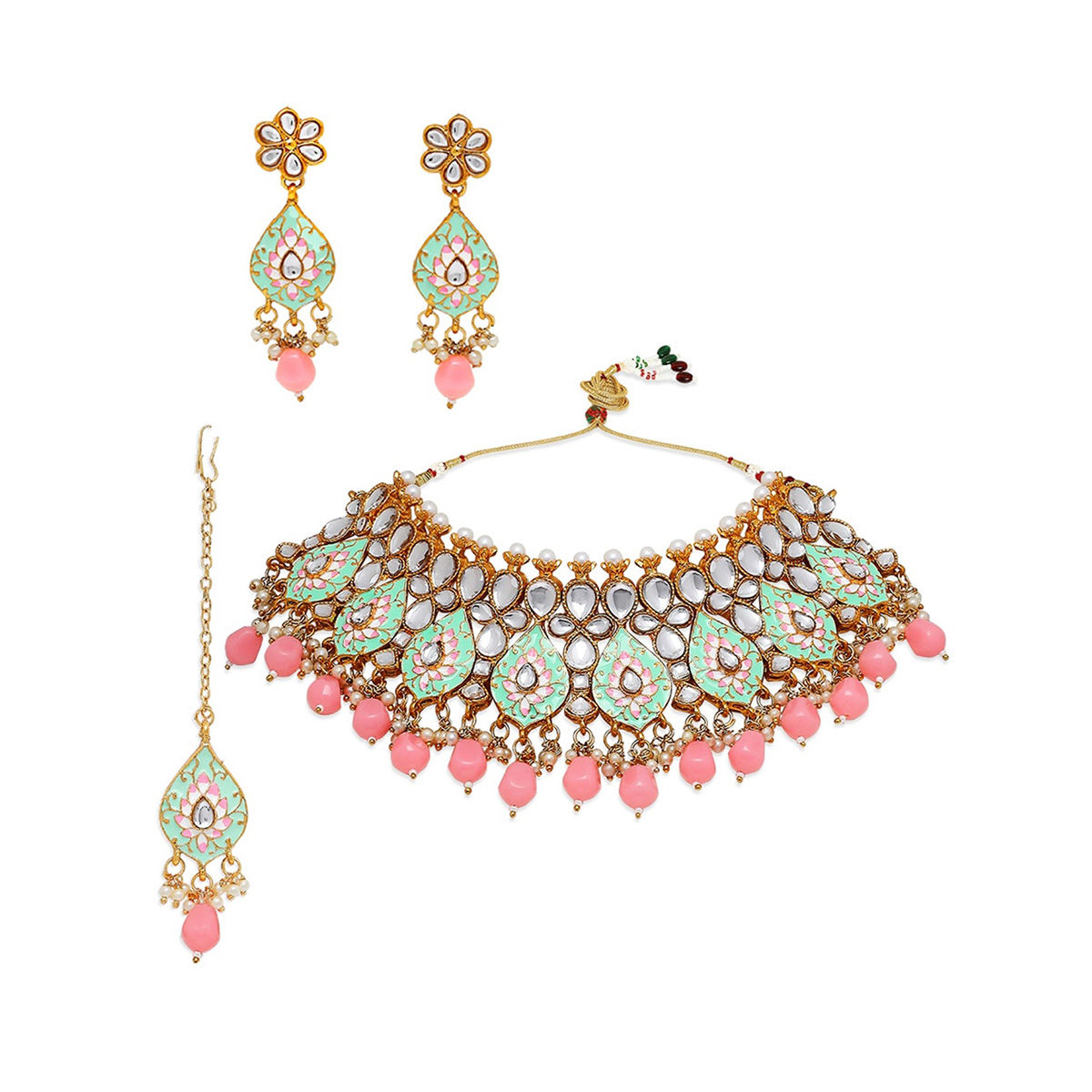 Buy OOMPH Mint Green & Pink Meenakari Kundan Beads Necklace