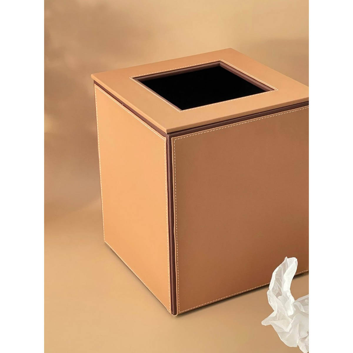 CasaGold Tan Small Square Classic Pu Leather Dustbin with Lid