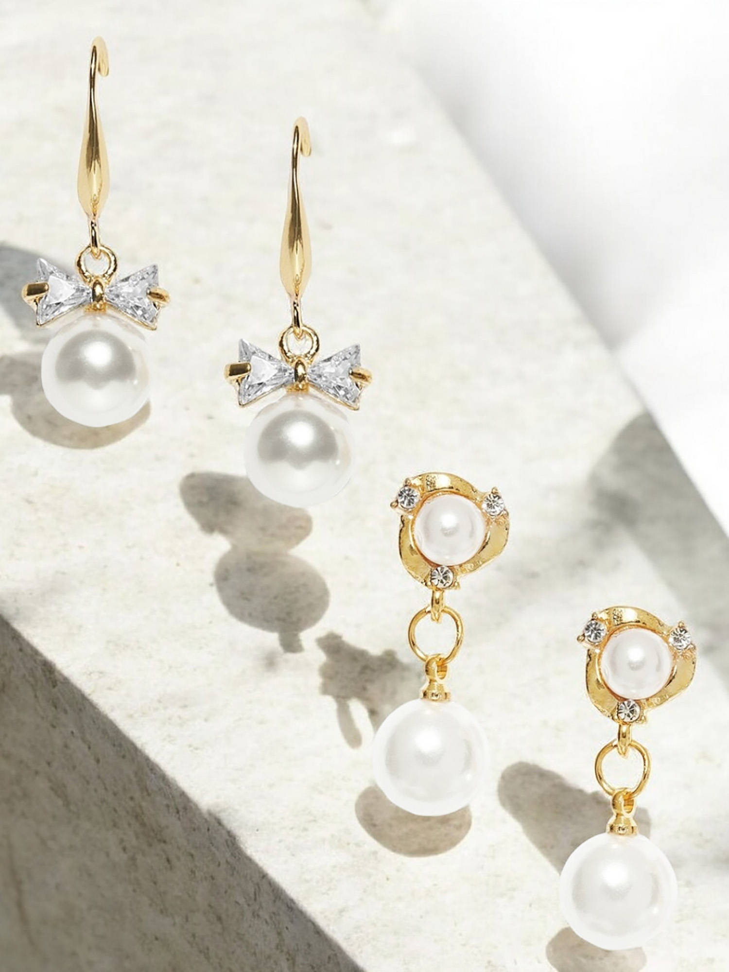 Fabula Set Of 2 White Pearl Delicate Drop Earrings