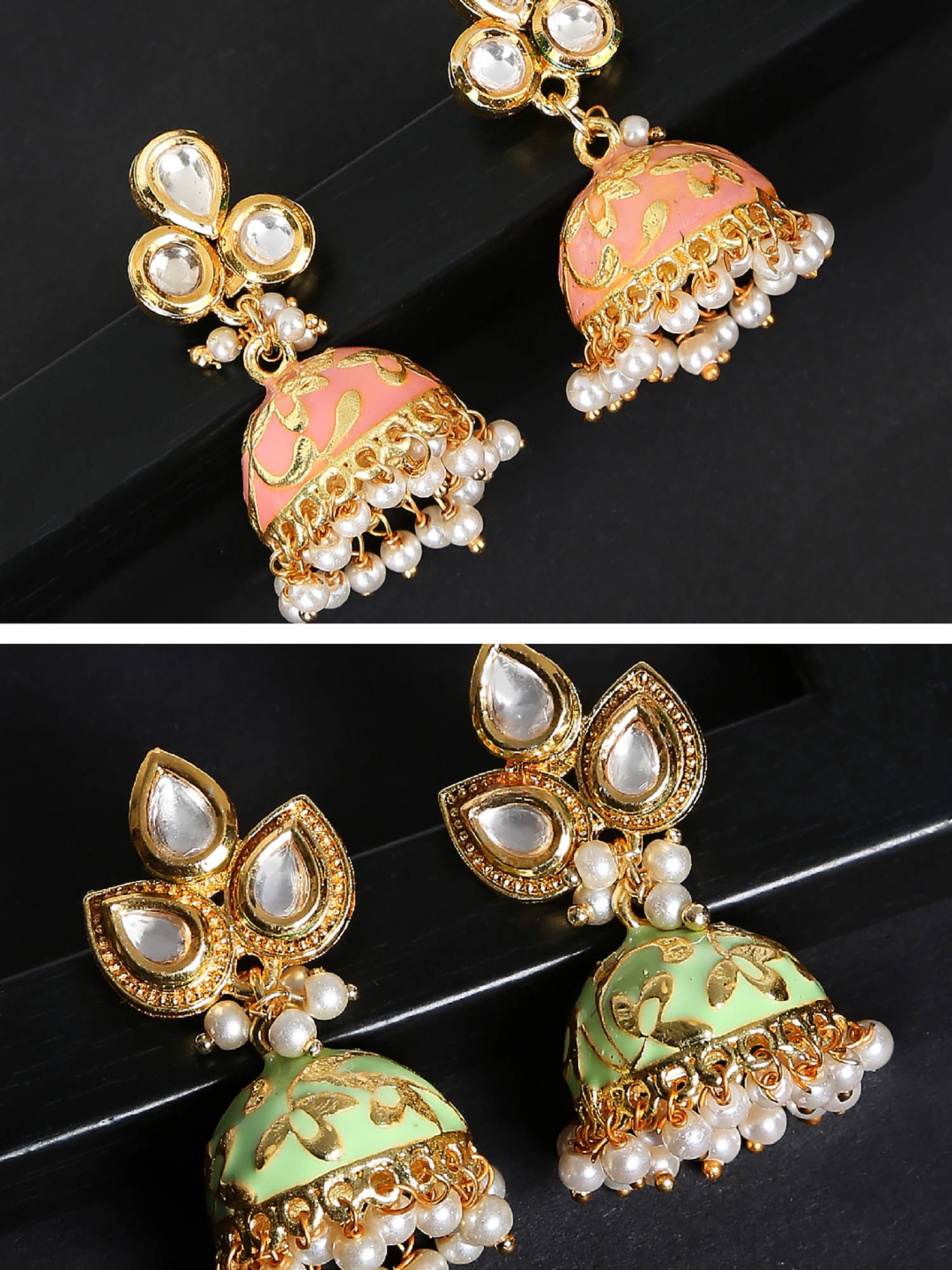 Fabula Combo Of 2 Pink & Gold Meenakari Enamel With Kundan & Pearls Ethnic Jhumka-jhumki Earrings