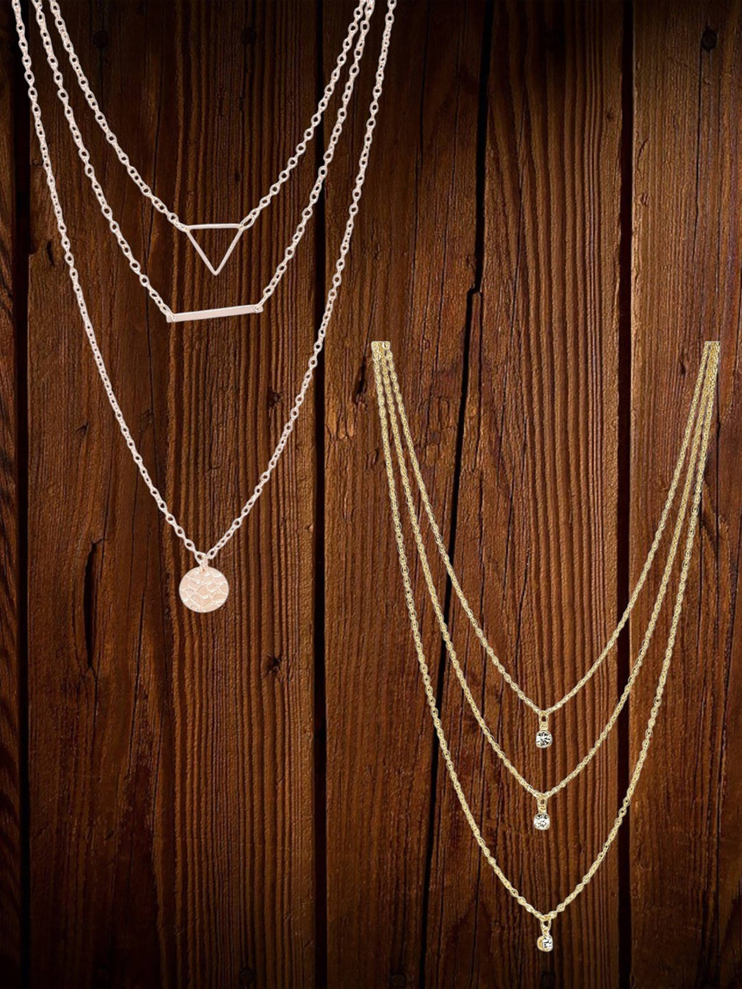 Fabula Combo Of 2 Gold & White Metal Multi Layered Multi-strand Crystal Fashion Necklace
