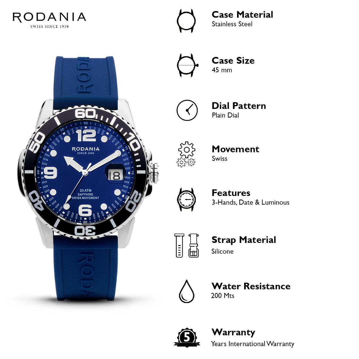 Rodania men's watch made of stainless steel, navy blue d… | Drouot.com