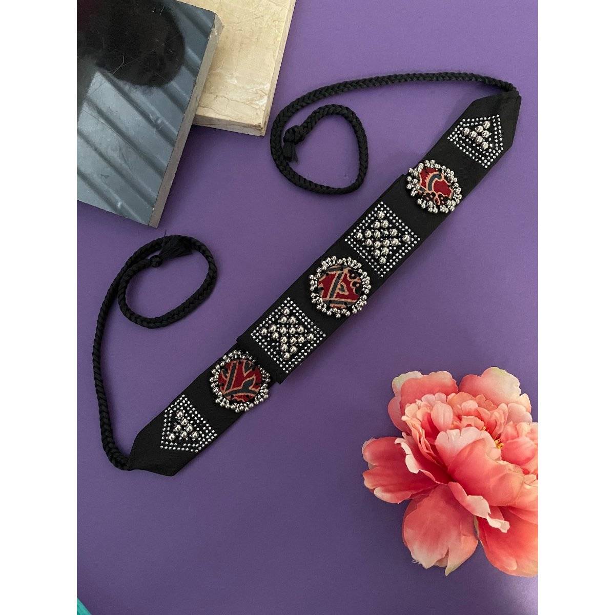 Digital Dress Room Banjara Kamarbandh Black Fabric Silver Bead Work Waist Belt