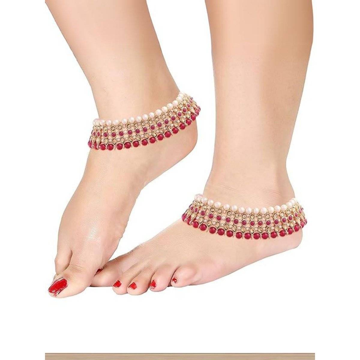 I Jewels Traditional Alloy Gold Plated Kundan Pearl Payal Anklet