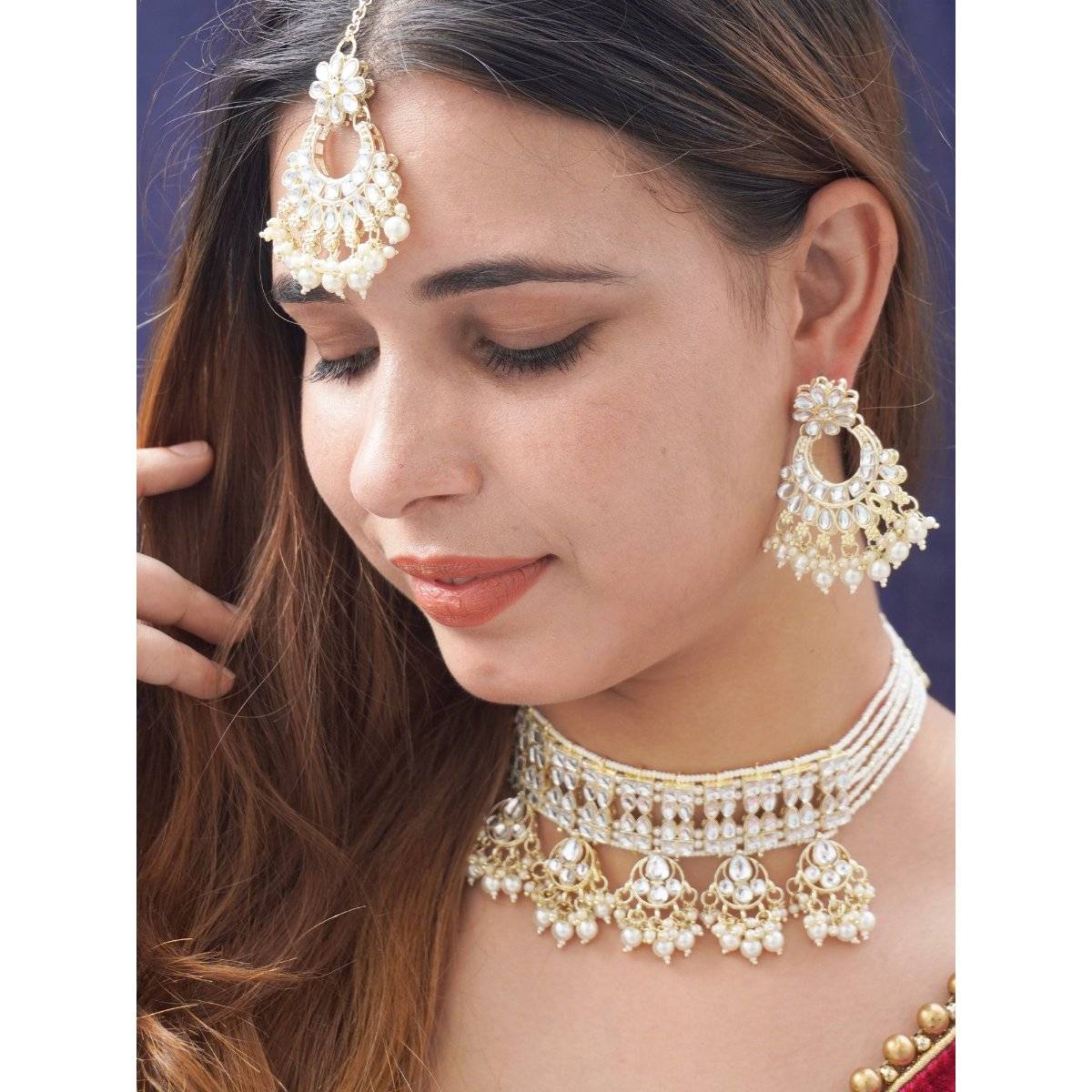 Niscka Yellow Kundan and Beads with Chandbali Necklace Maagtika Set (Set of 4)