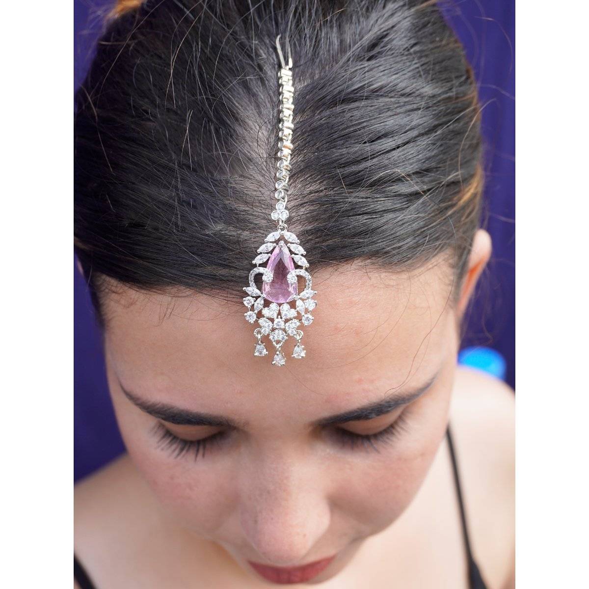 Niscka Pink American Diamond Cz Silver Polish Mangtikka