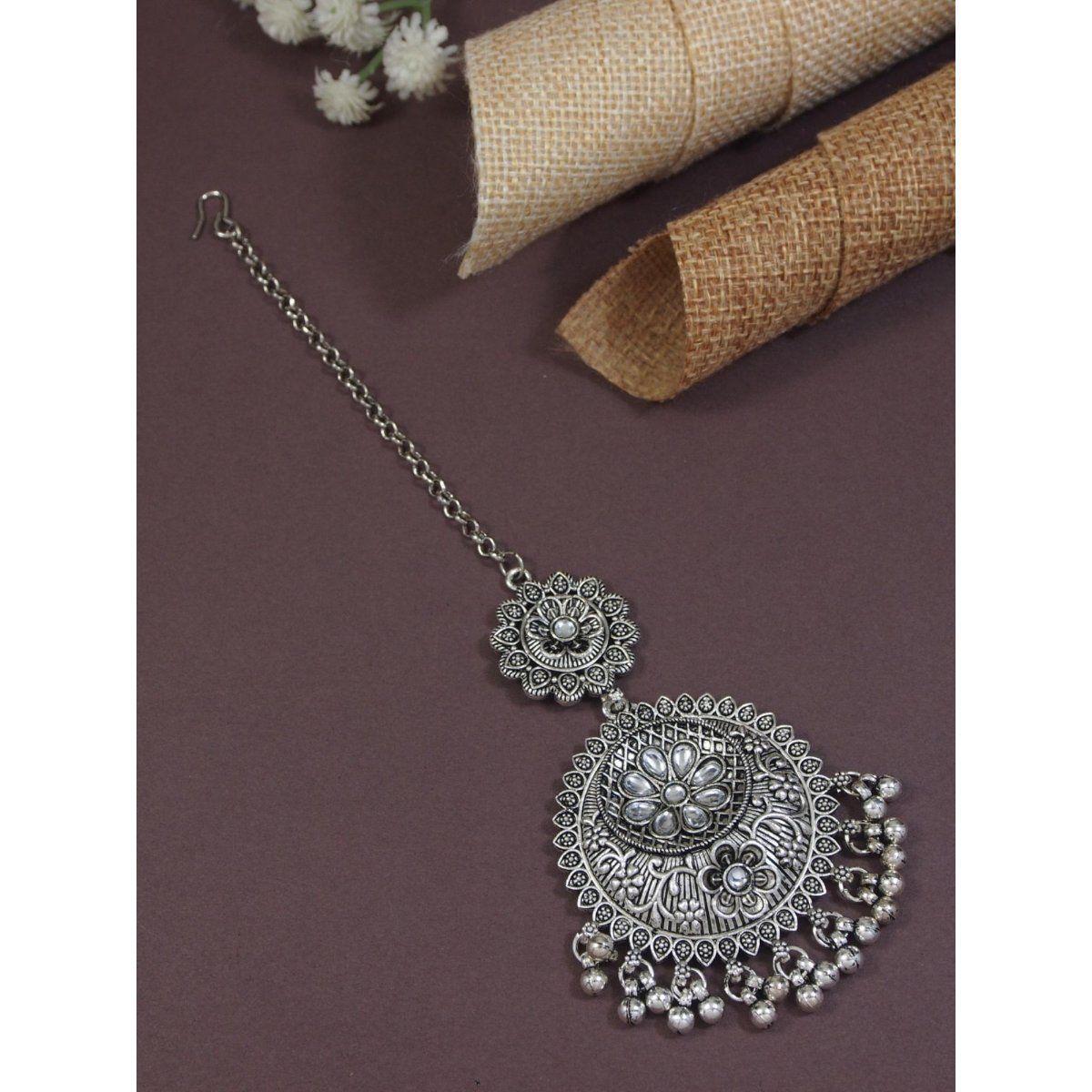 Buy I Jewels Ethnic Silver Oxidised Floral Design Ghungroo Maang Tikka