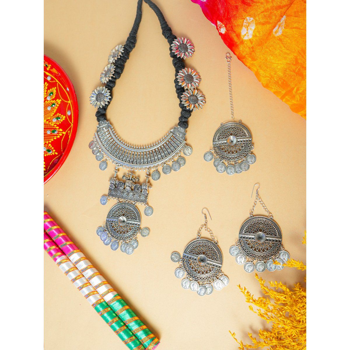 Buy VIRAASI Sliver Oxidised Full Jewelry Set (Set of 3) Online