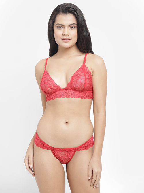 Buy N-Gal Women'S Sheer Lace Ruffle Edge Strappy Back Bra With Cut Out Thong  Set - Red Online