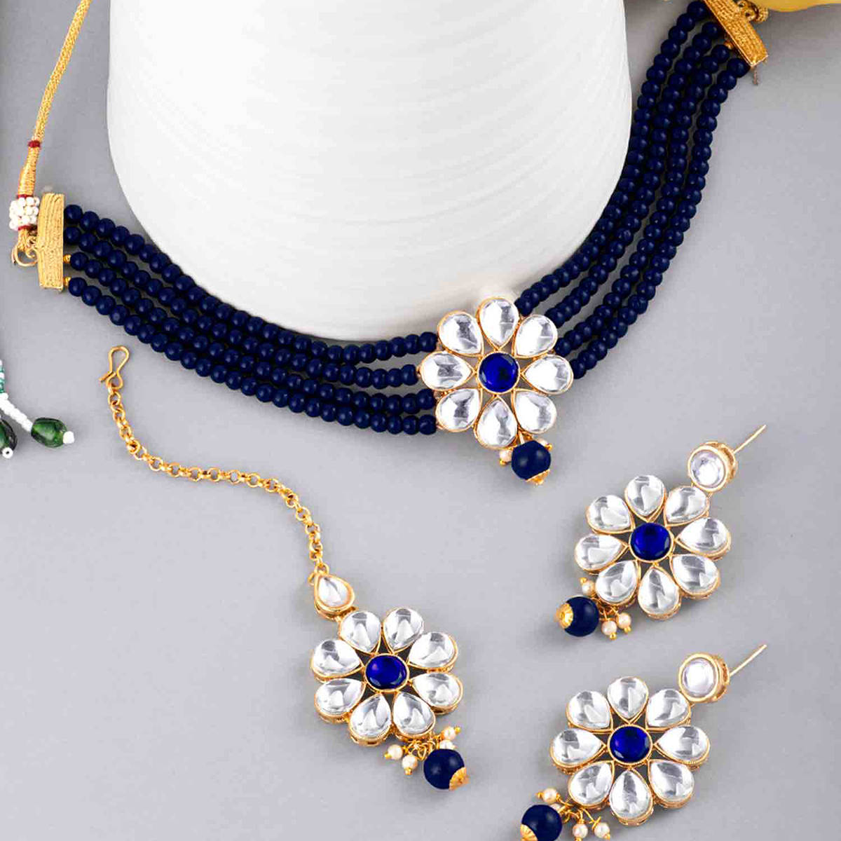 Peora Gold Plated Kundan Pearl Floral Choker Necklace Earring Maang Tikka Jewellery-pf24n2875b