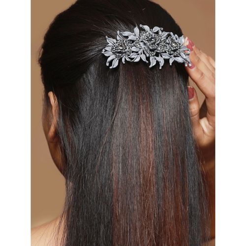 Buy Priyaasi Grey Floral Studded Barrette Back Hair Clip Online