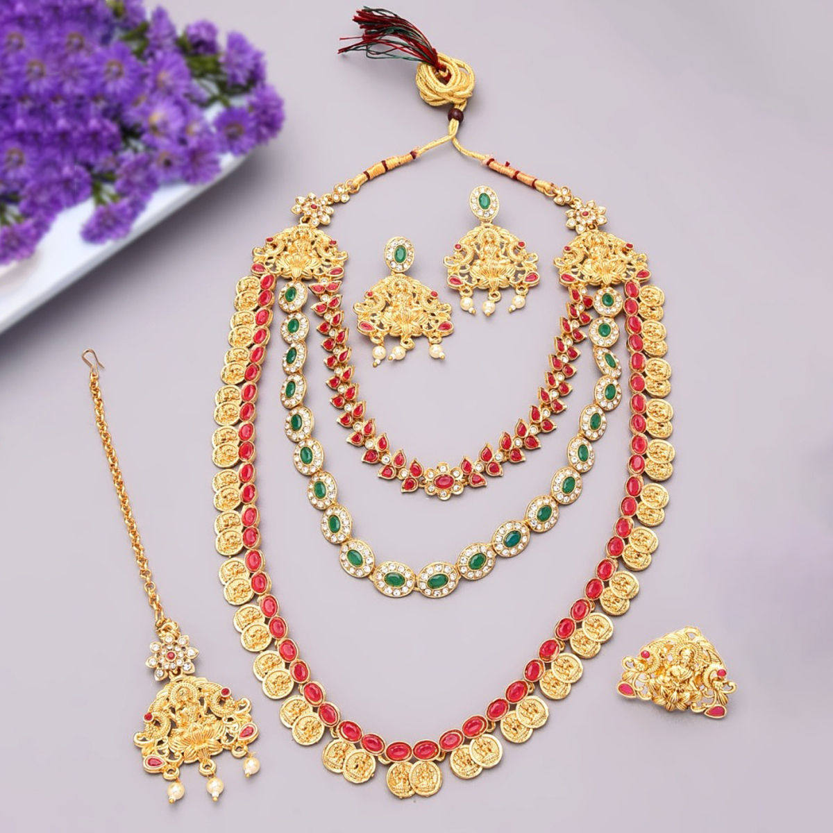 Zaveri on sale Pearls High Quality Gold Plated Kundan & Red Green Beads Floral Design Necklace Set Maang Tikka With Finger Ring Set Indian Jewelry