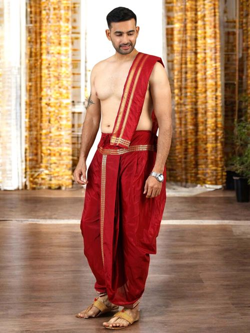 TATTVA Mens Maroon Toned Ethnic Dhoti with Angavastram (Shalya) (Set of 2)  (42)