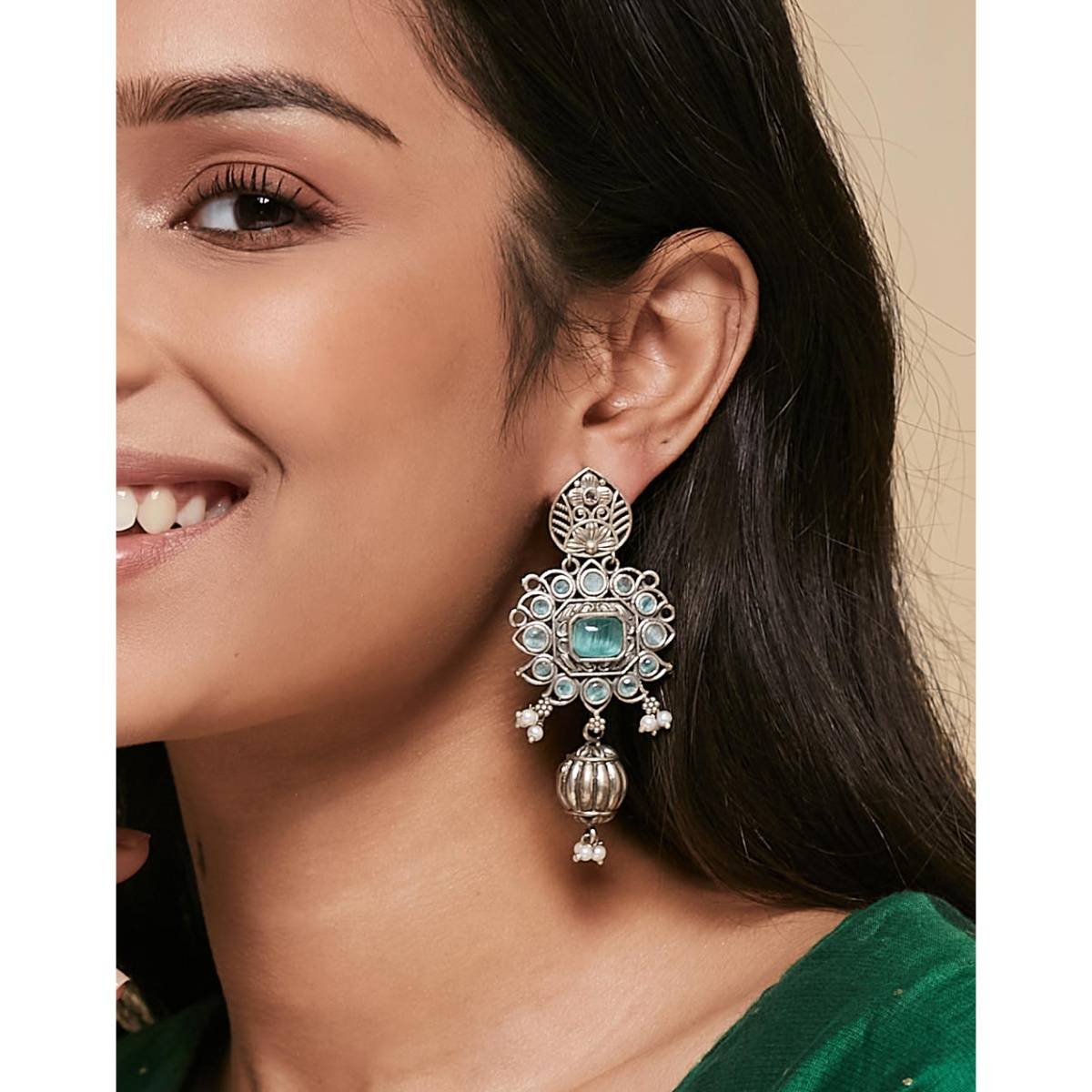 Fabindia Women Mint Green Stone Drop Earrings