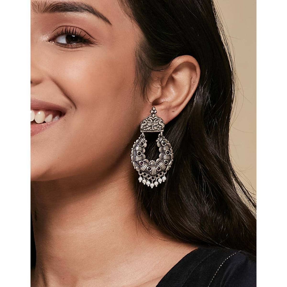 Fabindia Women Pink Stone Studded Chandbali Earrings