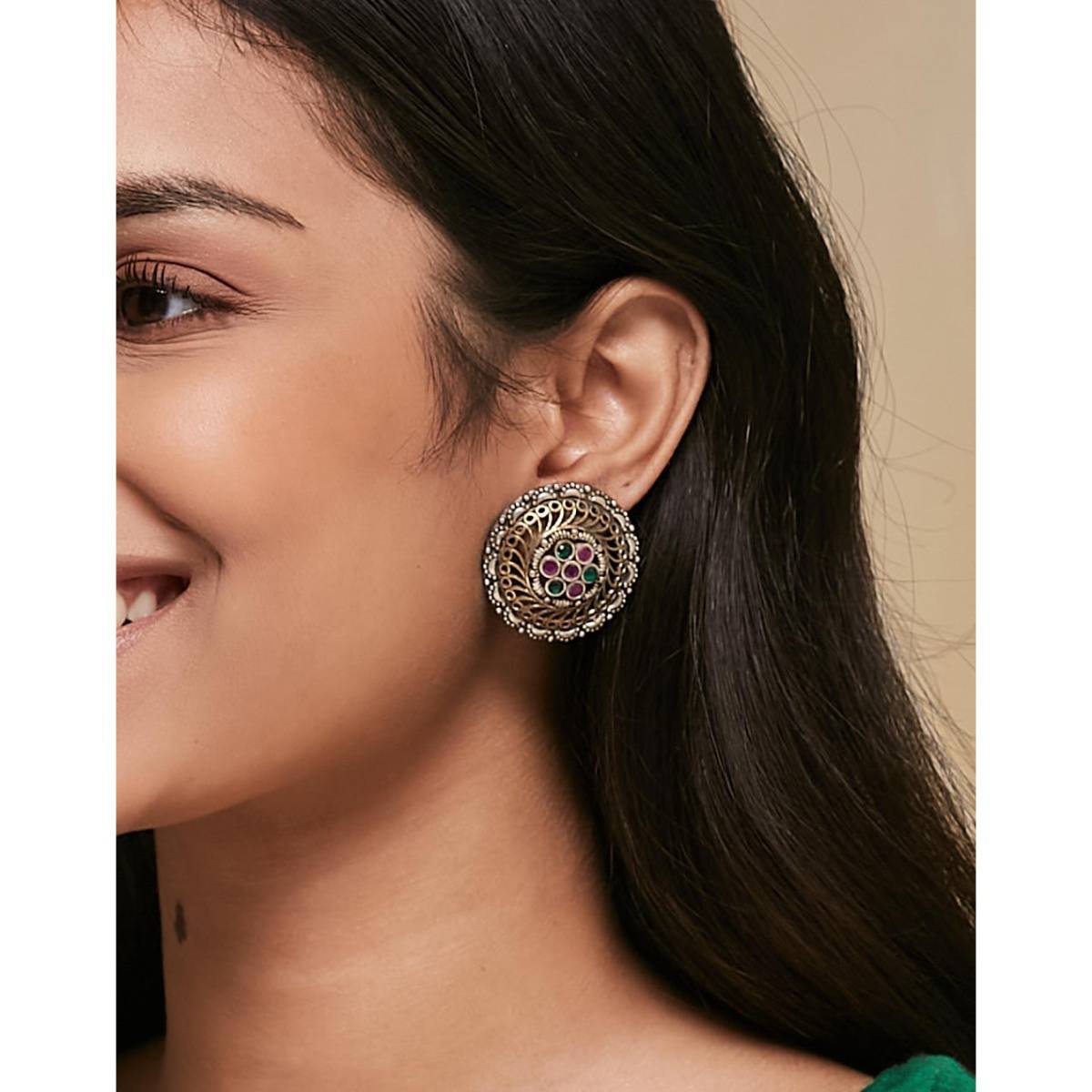 Fabindia Women Metal Multi-Color Stone Stud Earrings