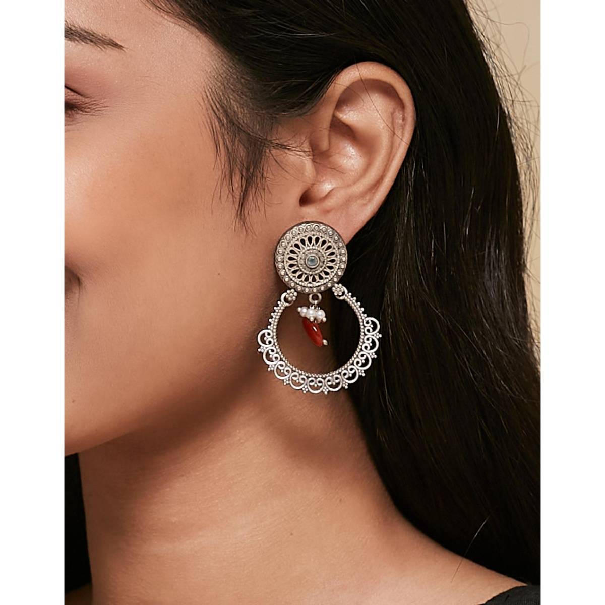 Fabindia Women Metal Multi-Color Stone Chandbali Earrings