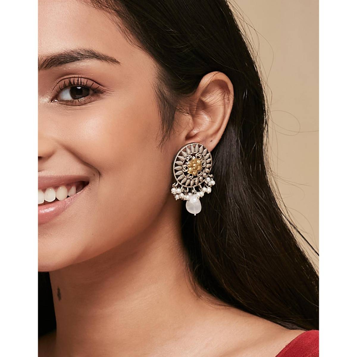 Fabindia Women Metal White Pearl Drop Earrings