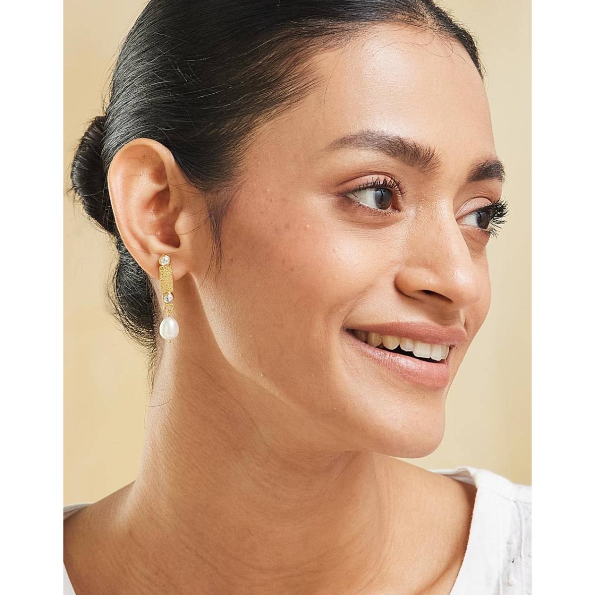 Fabindia Women White Kundan and Pearl Dangler Earrings