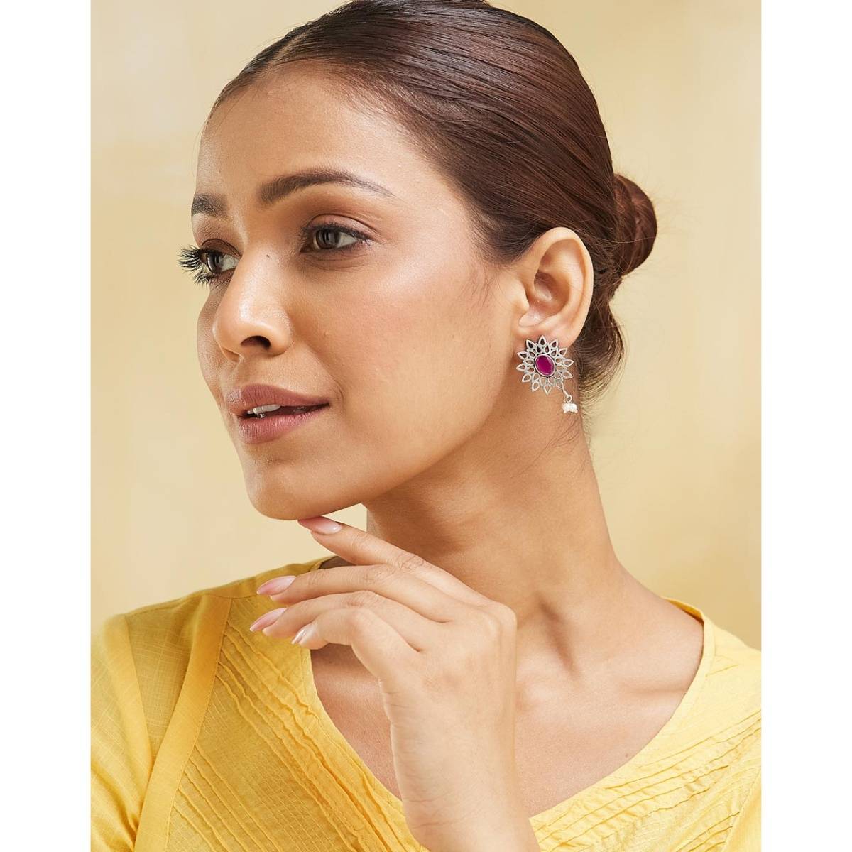 Fabindia Women Brass Pink Stone Studded Drop Earrings