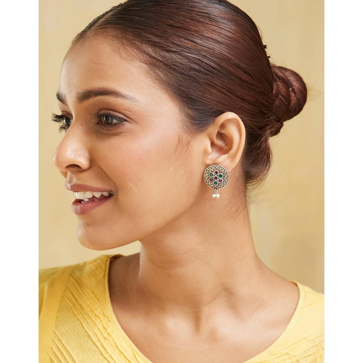 Fabindia Women Brass Multi-Color Stone Studded Drop Earrings