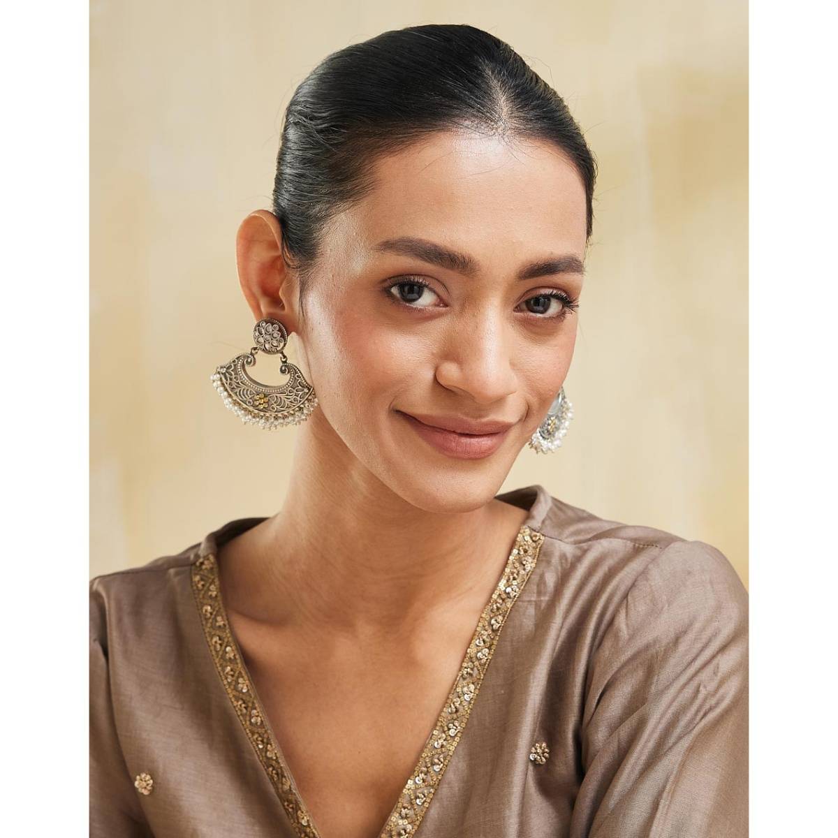 Fabindia Women Brass White Pearl Dangler Earrings