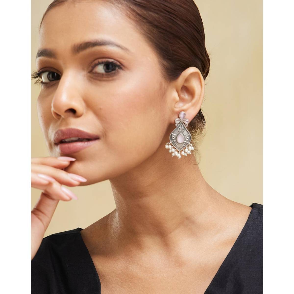 Fabindia Women Brass Pink Stone Drop Earrings
