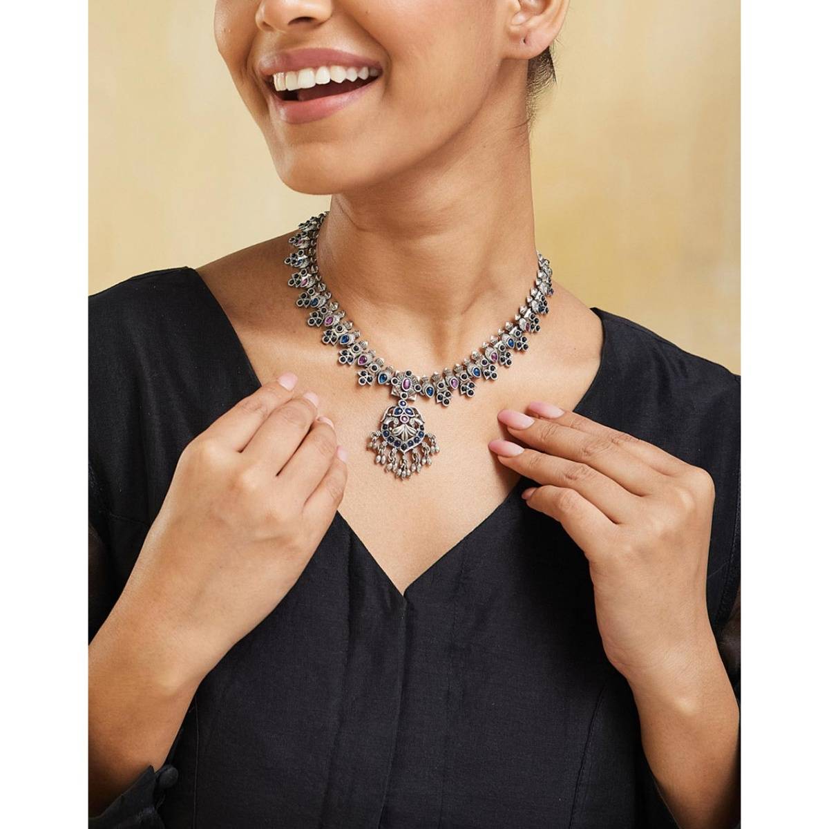 Fabindia Women Brass Multi-Color Stone Necklace