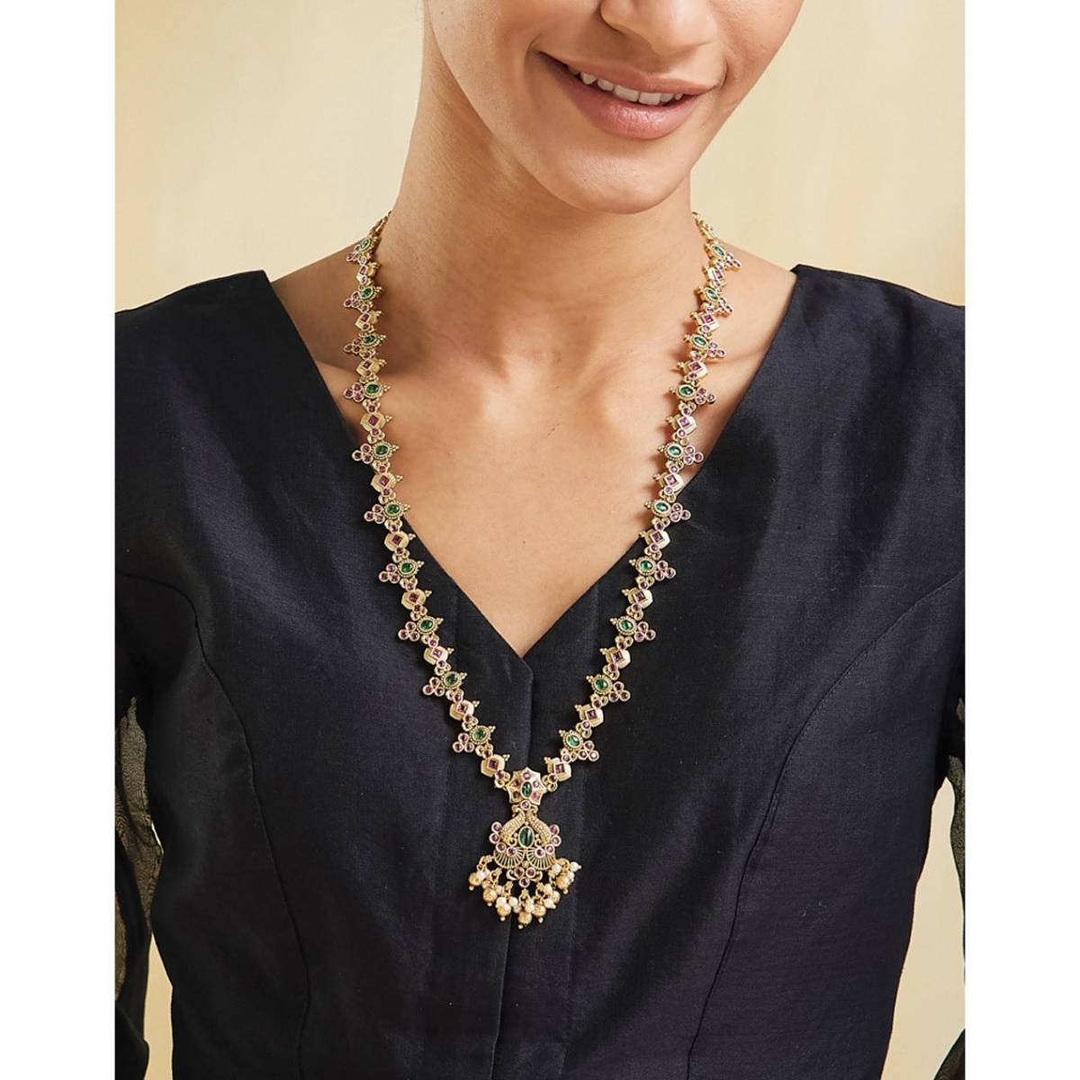 Fabindia Women Traditional Brass Multi-Color Stone Long Necklace