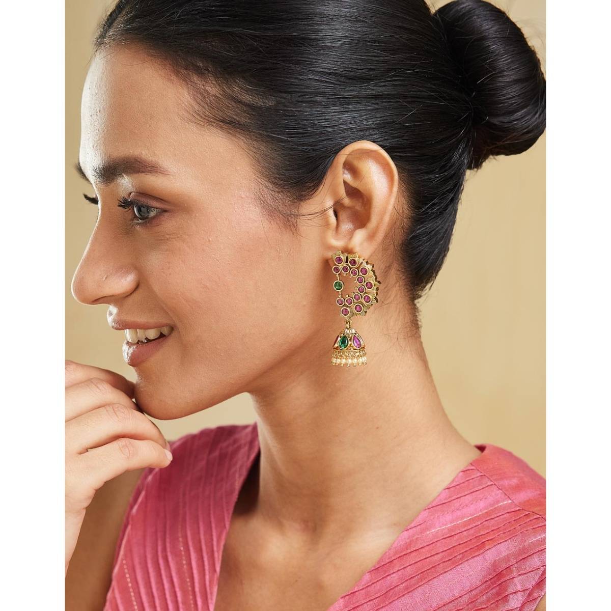 Fabindia Women Brass Multi-Color Stone Jhumka Earrings