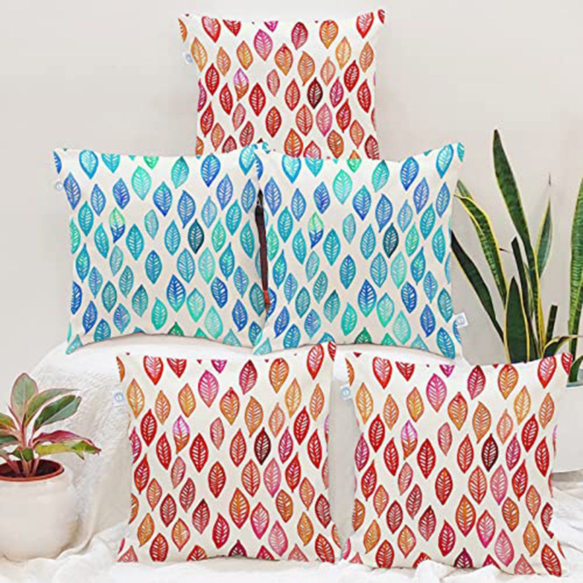 STITCHNEST Red Blue Leaf Printed Canvas Cotton Cushion Covers, Set Of 5: Buy STITCHNEST Red Blue Leaf Printed Canvas Cotton Cushion Covers, Set Of Online at Best Price in Benjara Contemporary Style Set of Throw Pillows, Red