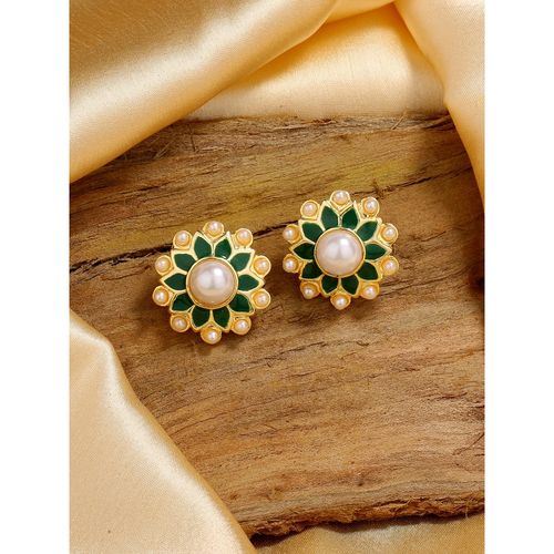 Estele Gold Tone Fascinating Pearl Stud Earrings with Green Enamel for Women - Main Image