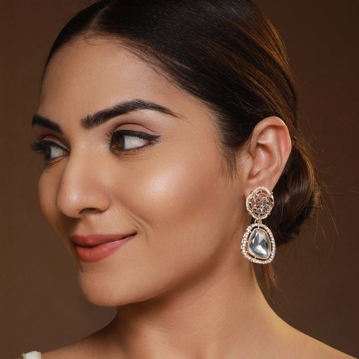 Priyaasi Floral AD Studded Rose Gold-Plated Drop Earrings