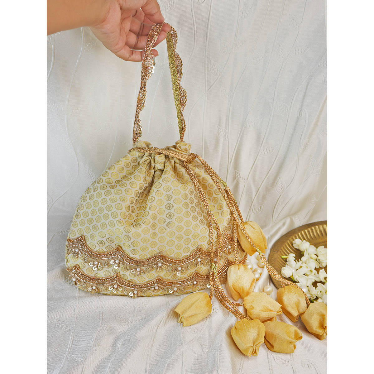 Soho Boho Studio Women White Embellished Ethereal Bloom Tulip Potli Bag