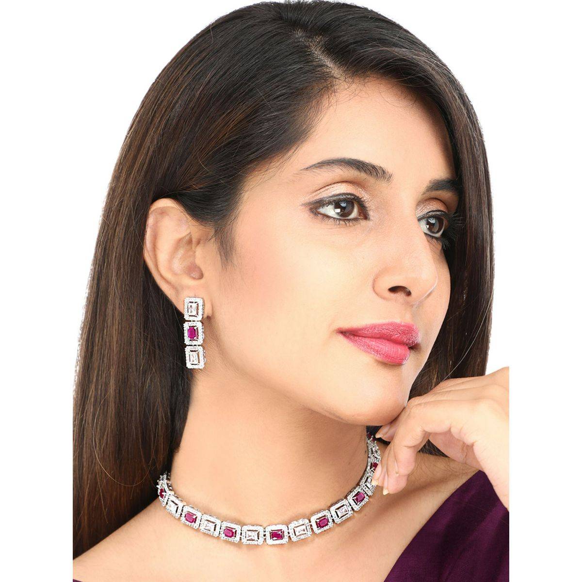 Yellow Chimes Sliver-Plated Pink Ad-Studded Handcrafted Jewellery (Set of 2)