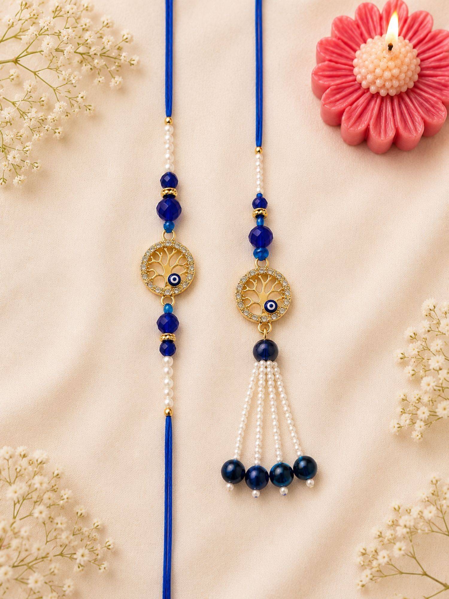 VIRAASI Blue Evil Eye Bhaiya Bhabhi Rakhi Set with Candle