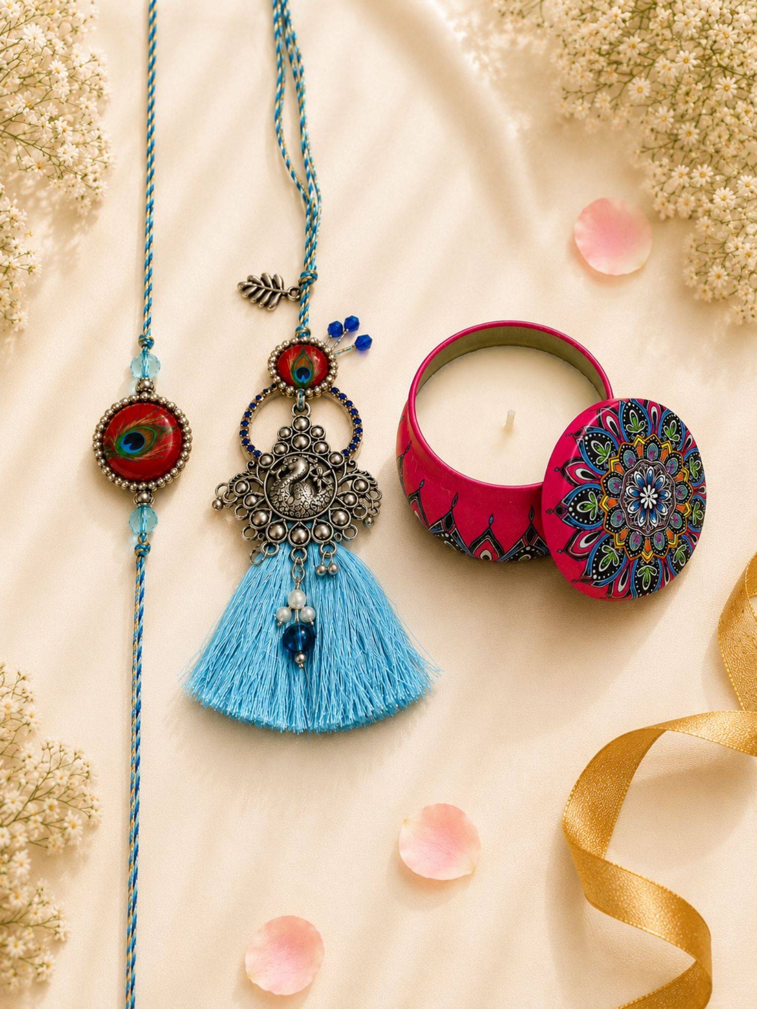 VIRAASI Blue Oxidised Bhaiya Bhabhi Rakhi Gift Set with Candle
