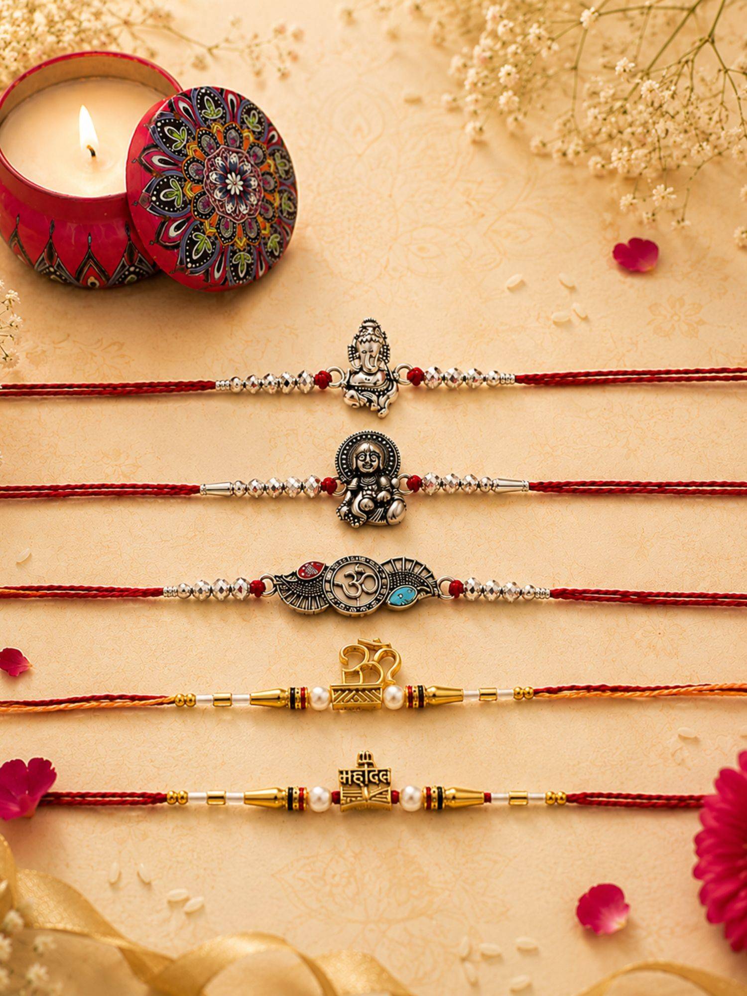 VIRAASI Multi-Color Bhagwan Ji Rakhi Set of 5 with Candle
