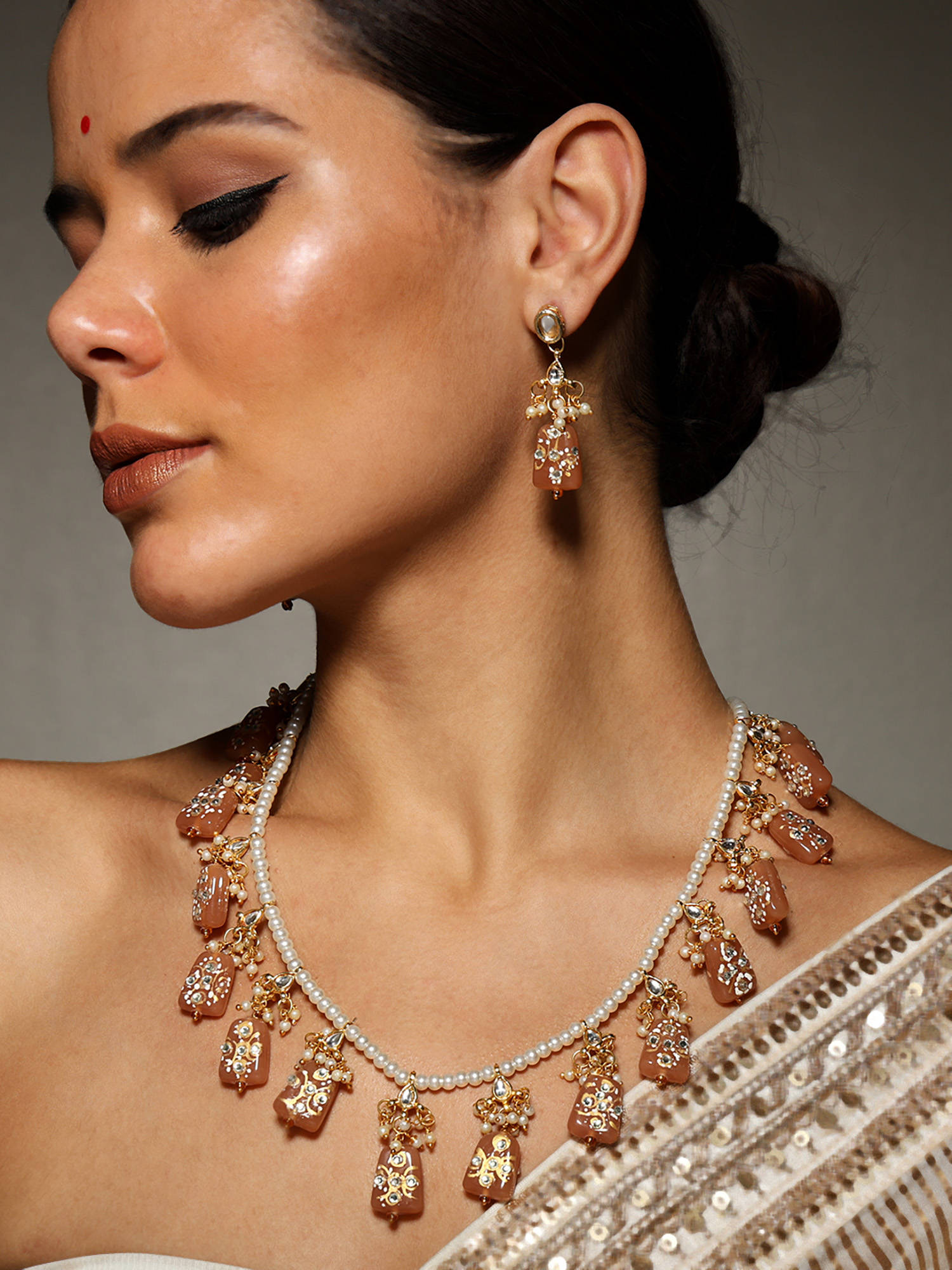 VENI 18KT Gold-Plated Kundan-Studded and Pearl Beaded Long Jewellery Set