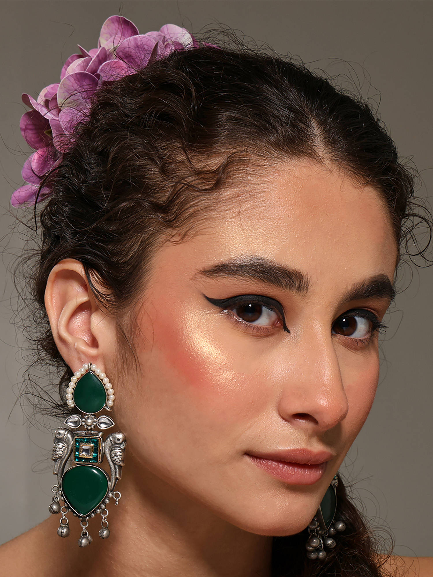 VENI 92.5 Silver Plated Oxidized Artificial Stones Studded Animal Shaped Earrings